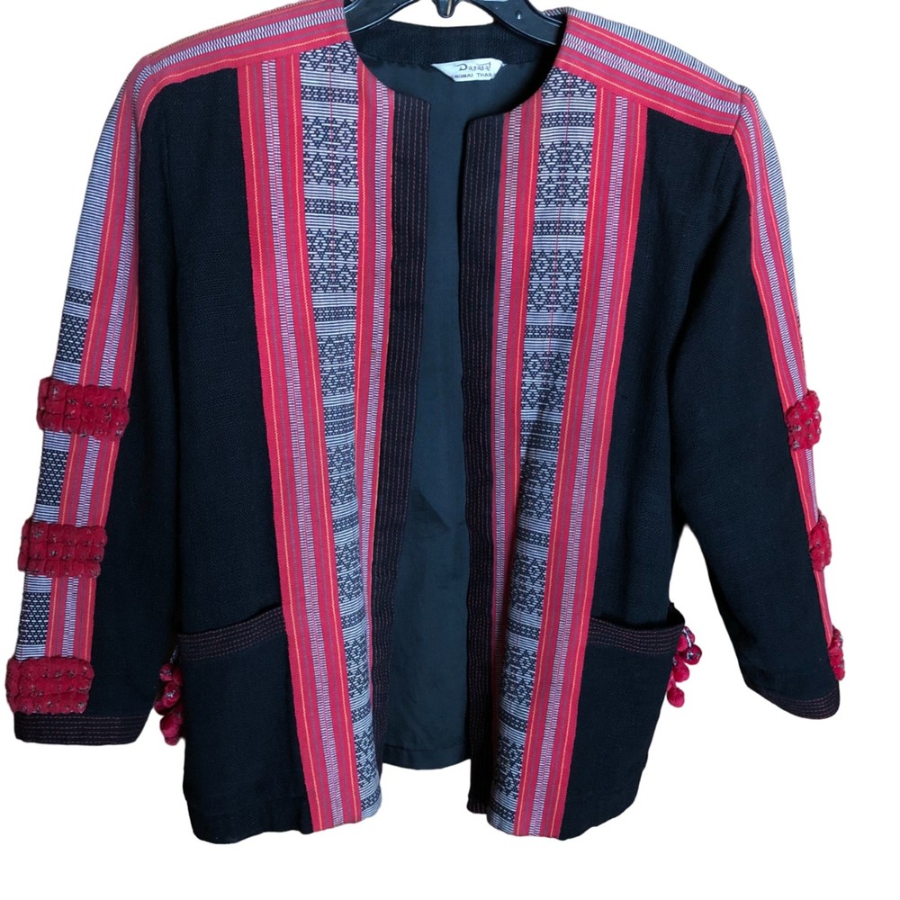 Vintage Red and Black Jacket from Thailand, incorporating ethnic weavings, XL